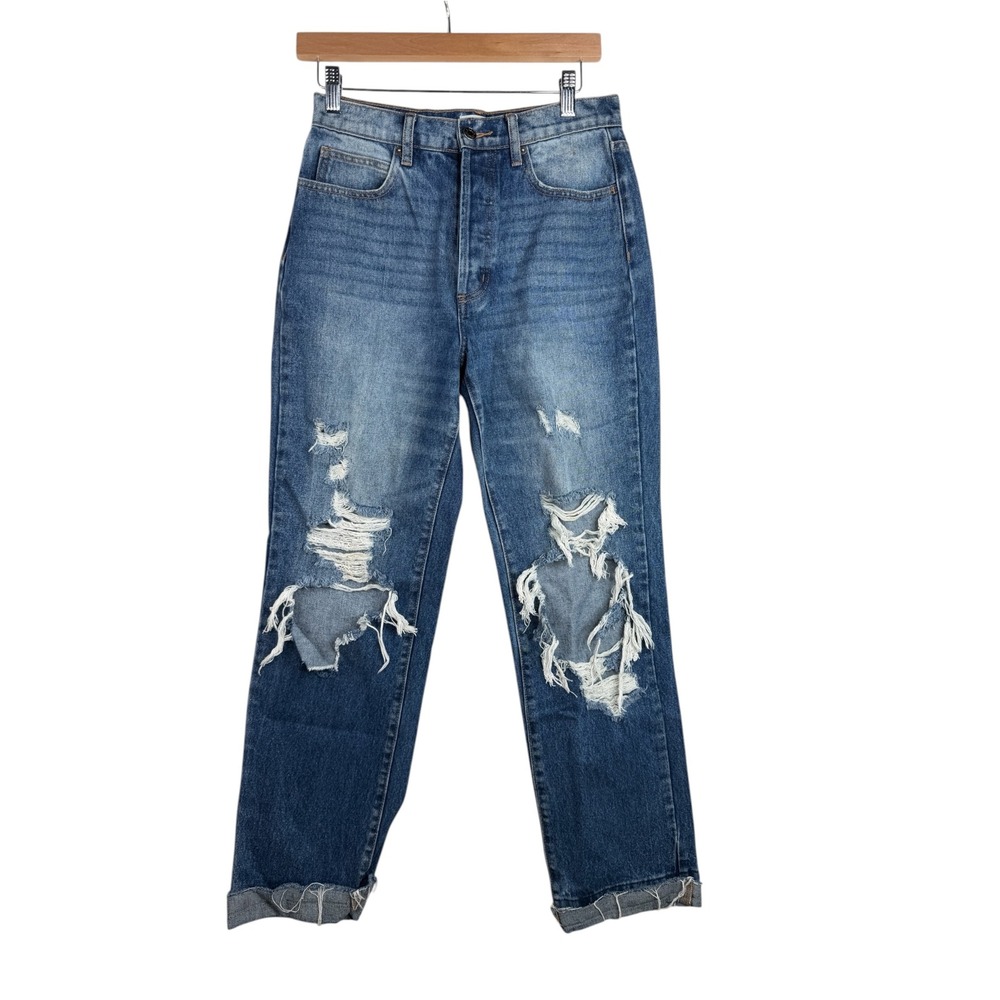 Cello Women's High Rise Distressed Button Fly Mom Jeans size 3 Blue Denim